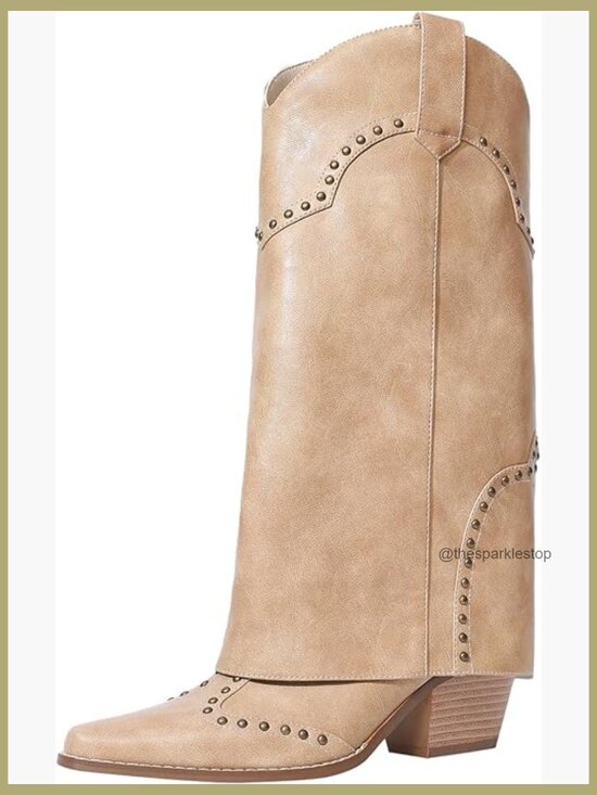 Shoes - Faux Leather Snip Toe Fold Over Chunky Heel Pull On Cowboy Studded Boots